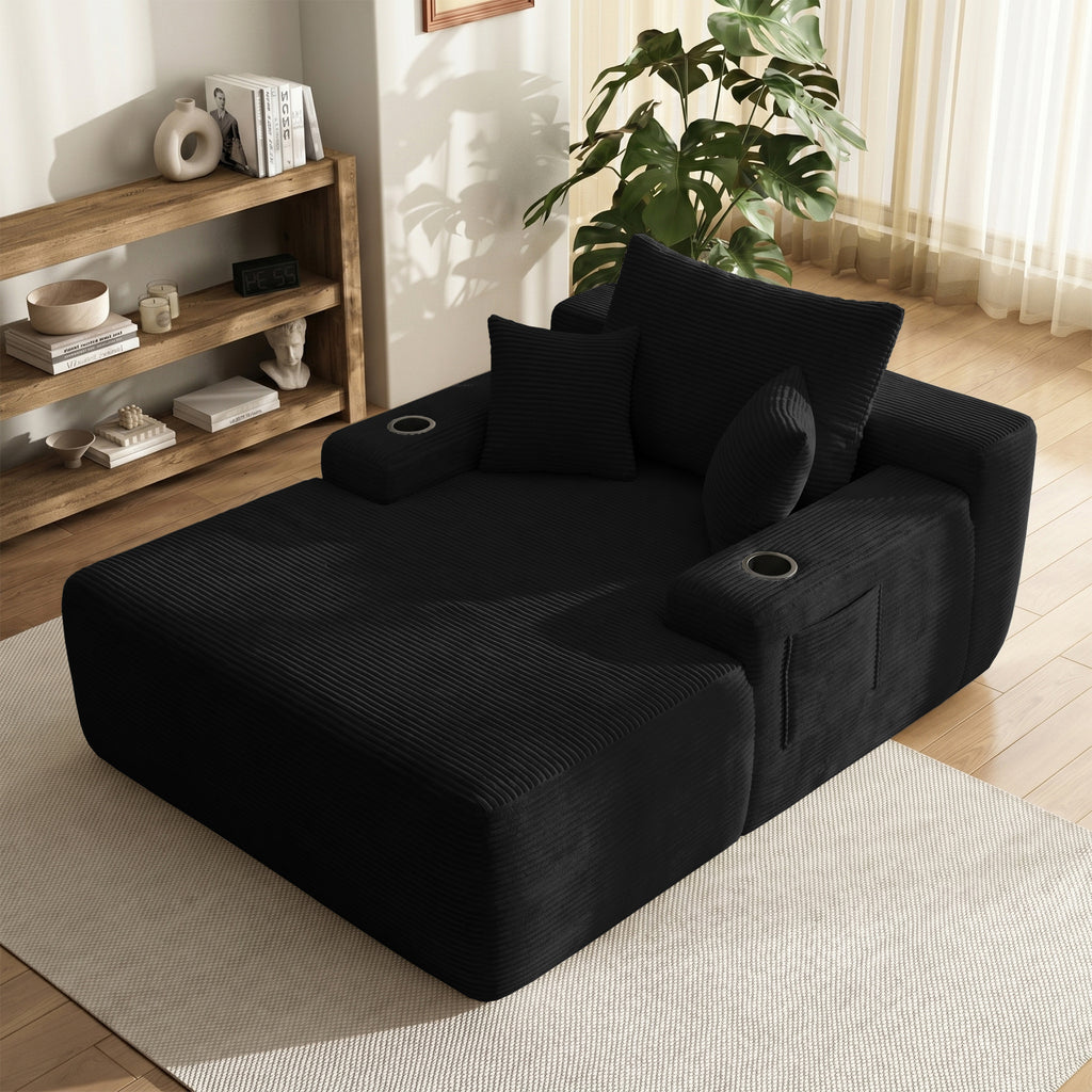 Yomsum Oversized Plush Chaise Lounge Sofa, Indoor Compressed Floor Lounger with 3 Pillows and Built-In Cup Holders, Comfortable Reading Couch for Living Room