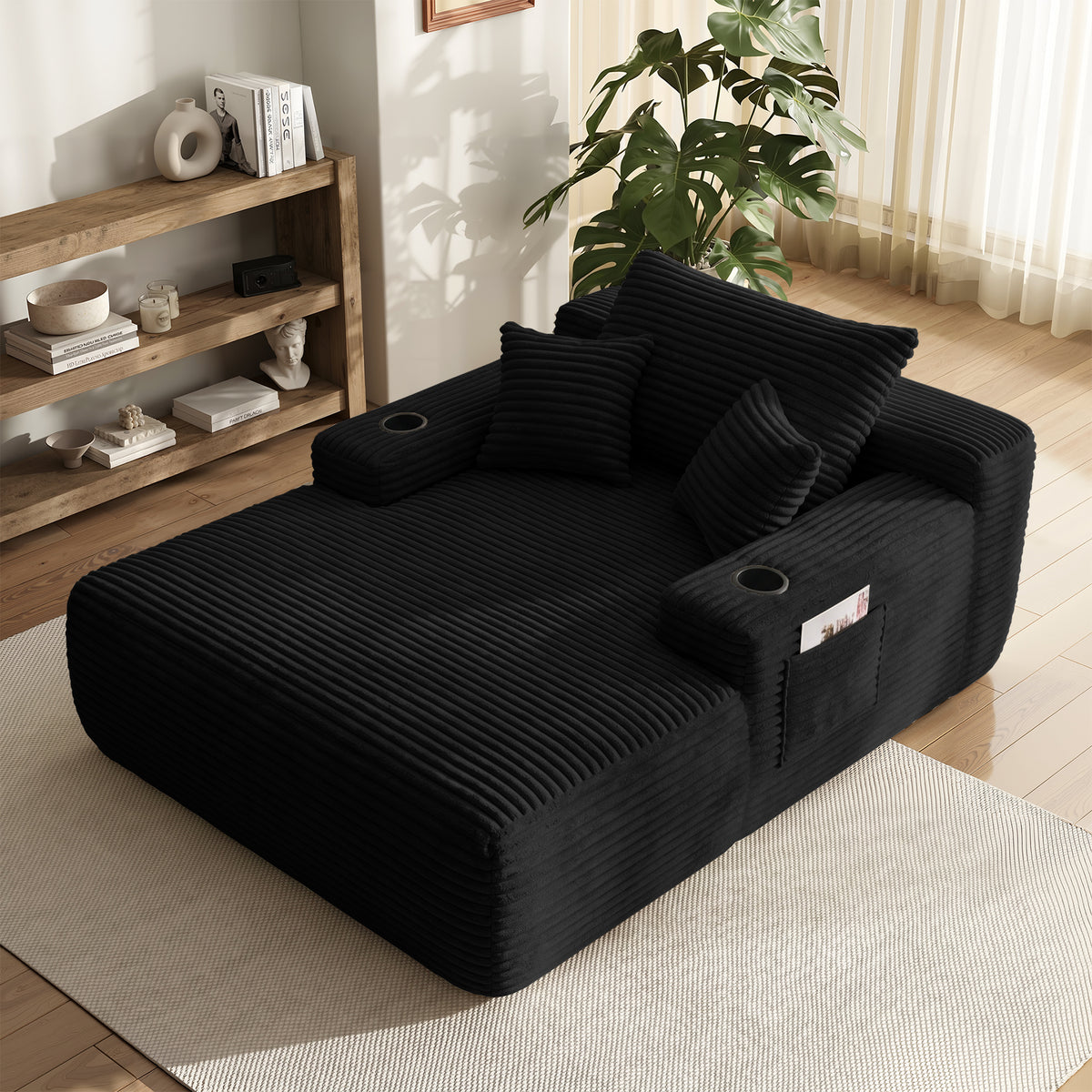 Yomsum Oversized Plush Chaise Lounge Sofa, Indoor Compressed Floor Lounger with 3 Pillows and Built-In Cup Holders, Comfortable Reading Couch for Living Room