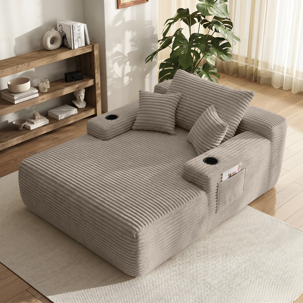 Yomsum Oversized Plush Chaise Lounge Sofa, Indoor Compressed Floor Lounger with 3 Pillows and Built-In Cup Holders, Comfortable Reading Couch for Living Room