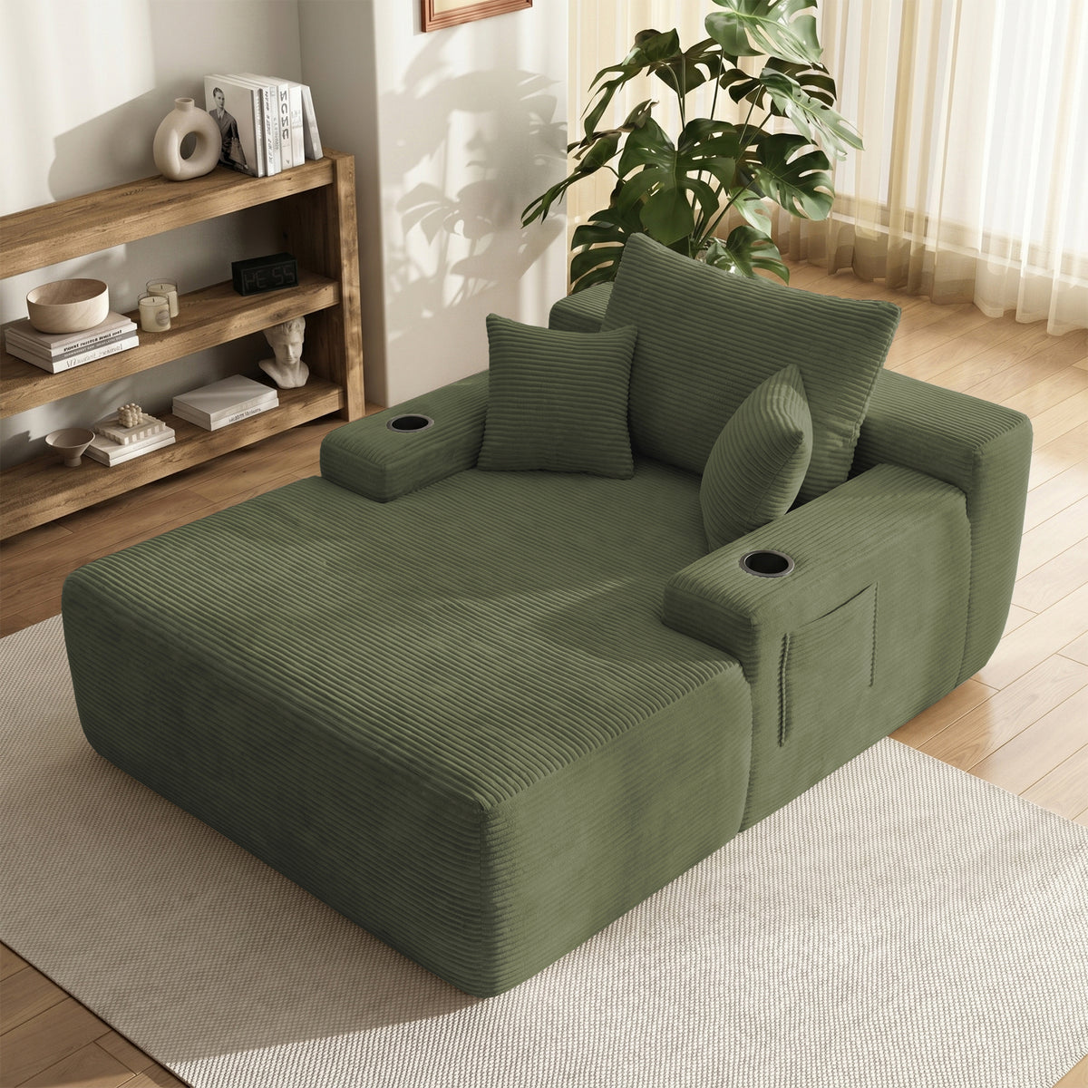 Yomsum Oversized Plush Chaise Lounge Sofa, Indoor Compressed Floor Lounger with 3 Pillows and Built-In Cup Holders, Comfortable Reading Couch for Living Room