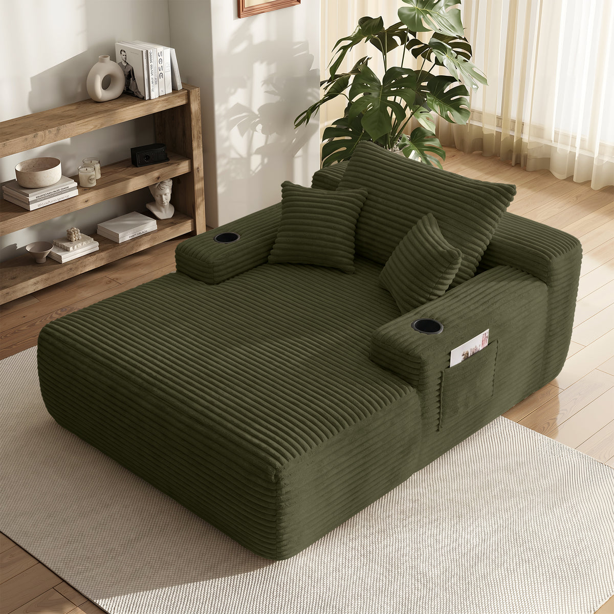 Yomsum Oversized Plush Chaise Lounge Sofa, Indoor Compressed Floor Lounger with 3 Pillows and Built-In Cup Holders, Comfortable Reading Couch for Living Room