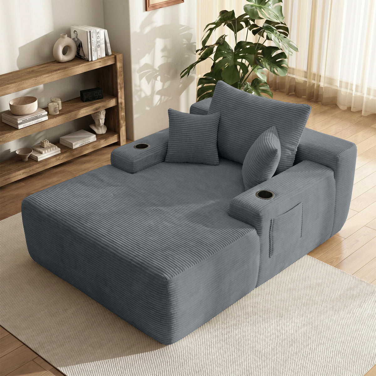 Yomsum Oversized Plush Chaise Lounge Sofa, Indoor Compressed Floor Lounger with 3 Pillows and Built-In Cup Holders, Comfortable Reading Couch for Living Room