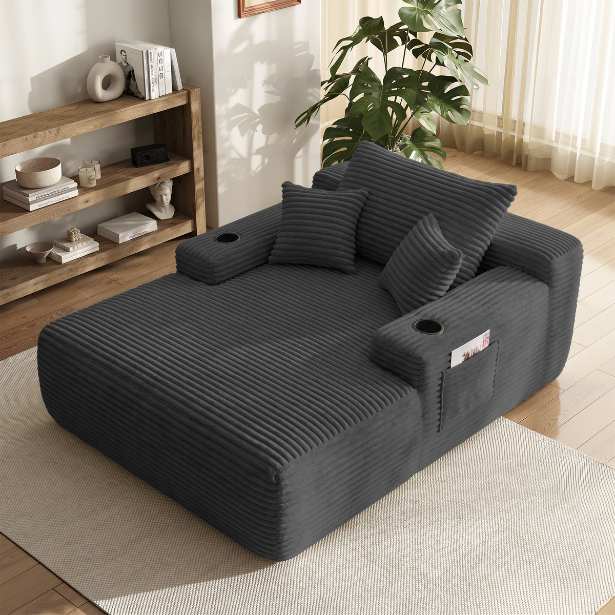 Yomsum Oversized Plush Chaise Lounge Sofa, Indoor Compressed Floor Lounger with 3 Pillows and Built-In Cup Holders, Comfortable Reading Couch for Living Room