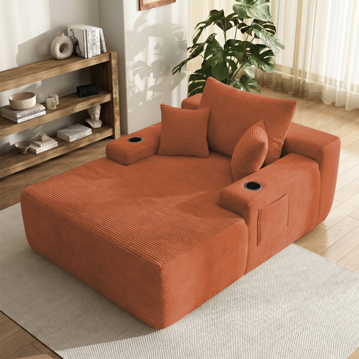 Yomsum Oversized Plush Chaise Lounge Sofa, Indoor Compressed Floor Lounger with 3 Pillows and Built-In Cup Holders, Comfortable Reading Couch for Living Room