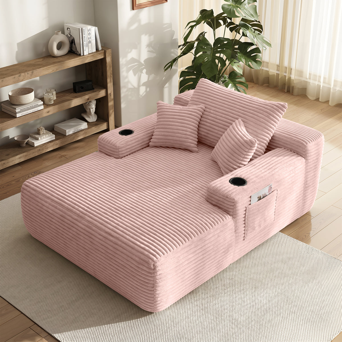 Yomsum Oversized Plush Chaise Lounge Sofa, Indoor Compressed Floor Lounger with 3 Pillows and Built-In Cup Holders, Comfortable Reading Couch for Living Room