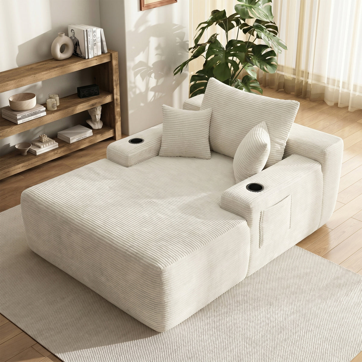 Yomsum Oversized Plush Chaise Lounge Sofa, Indoor Compressed Floor Lounger with 3 Pillows and Built-In Cup Holders, Comfortable Reading Couch for Living Room