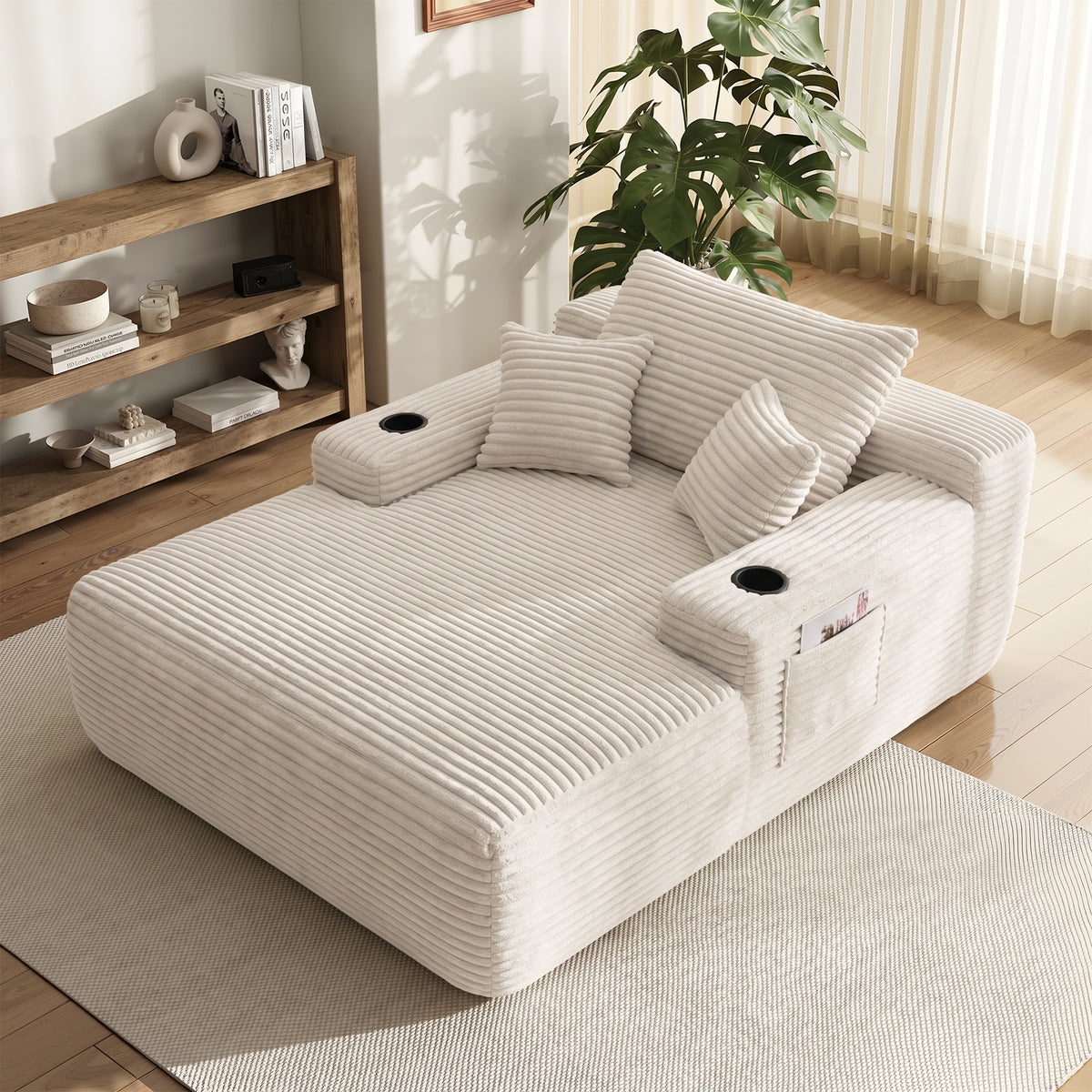 Yomsum Oversized Plush Chaise Lounge Sofa, Indoor Compressed Floor Lounger with 3 Pillows and Built-In Cup Holders, Comfortable Reading Couch for Living Room