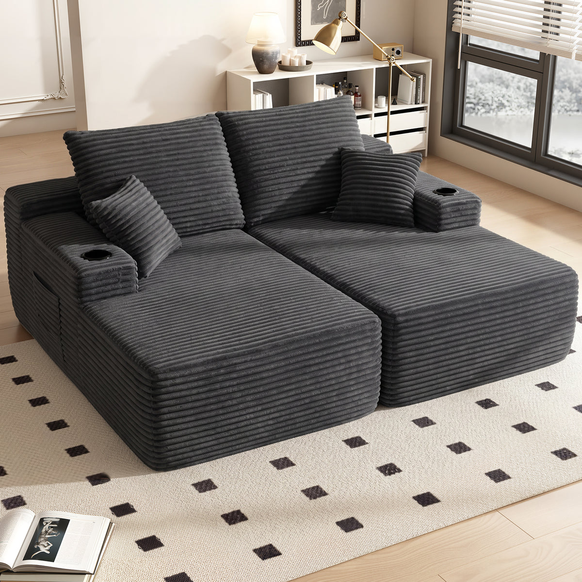 Oversized Double Lounge Chaise 69"W, Plush Upholstered Sleeper Sofa Bed with Cup Holders and Side Pockets, No Assembly Required