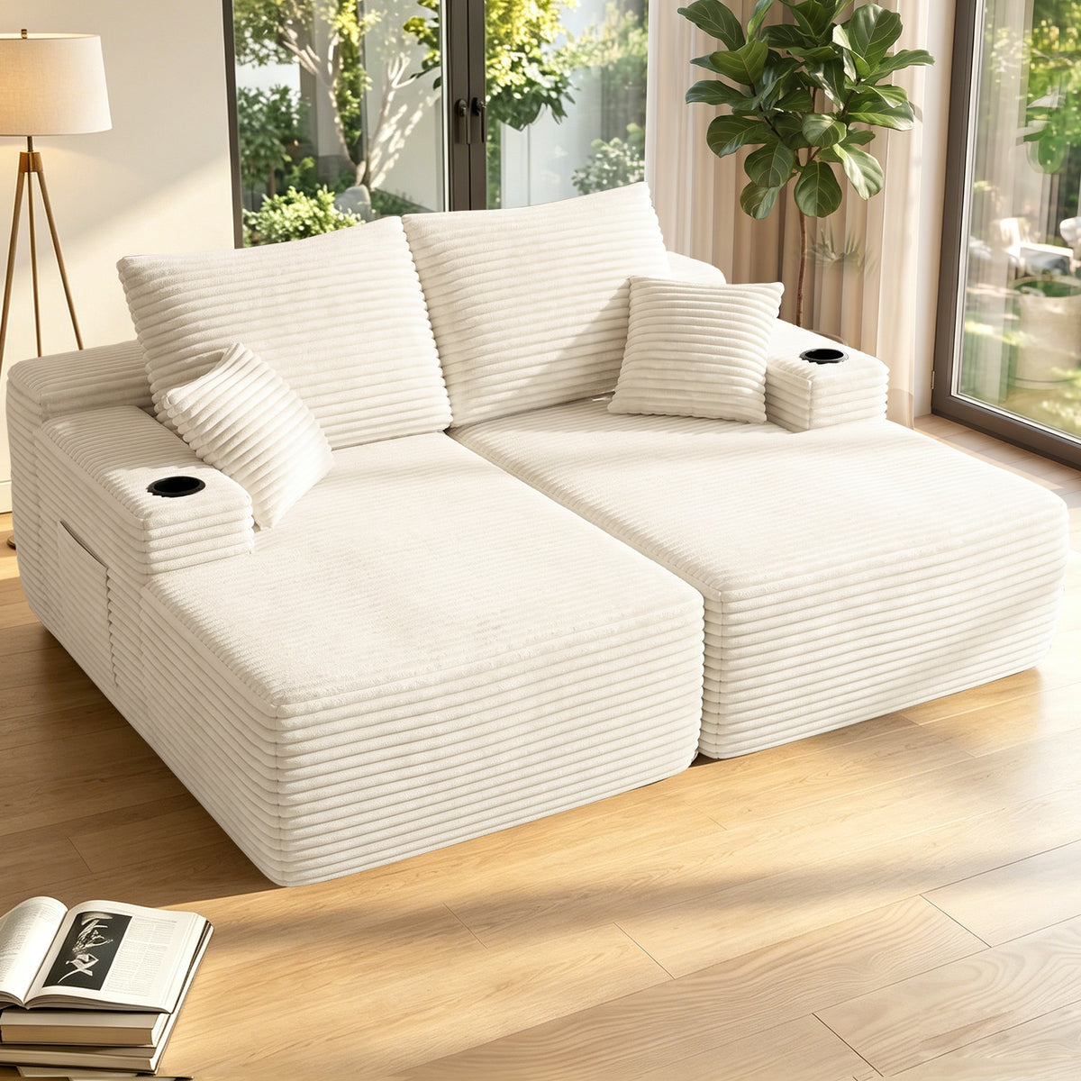 Oversized Double Lounge Chaise 69"W, Plush Upholstered Sleeper Sofa Bed with Cup Holders and Side Pockets, No Assembly Required