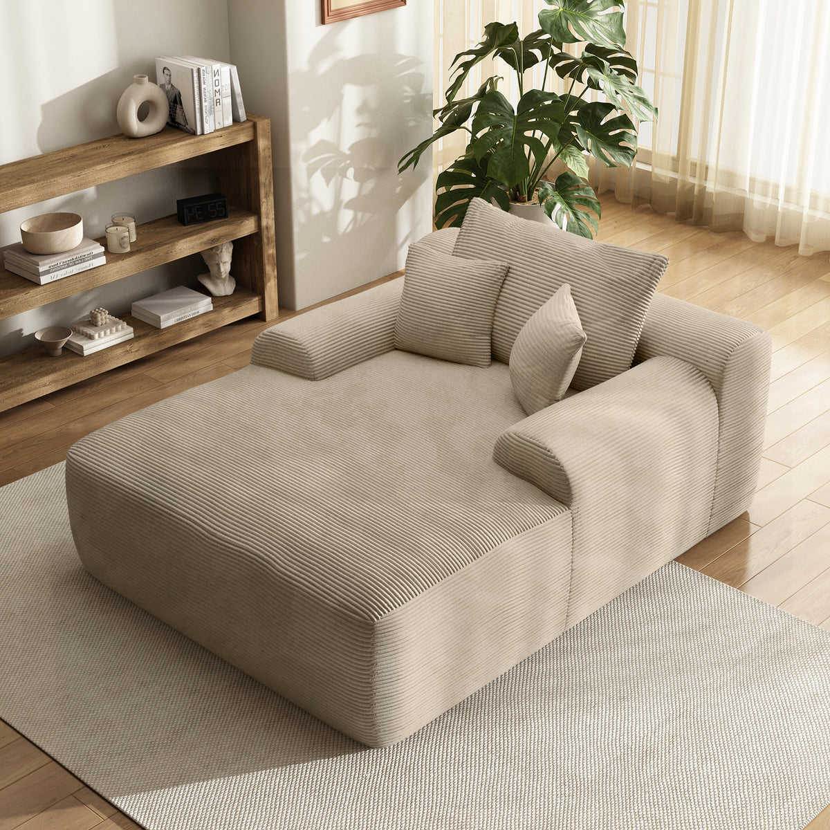 Oversized Corduroy Chaise Lounge Chair, Indoor Boneless Reading Sofa Bed with 3 Pillows, Wide Recliner Couch for Living Room