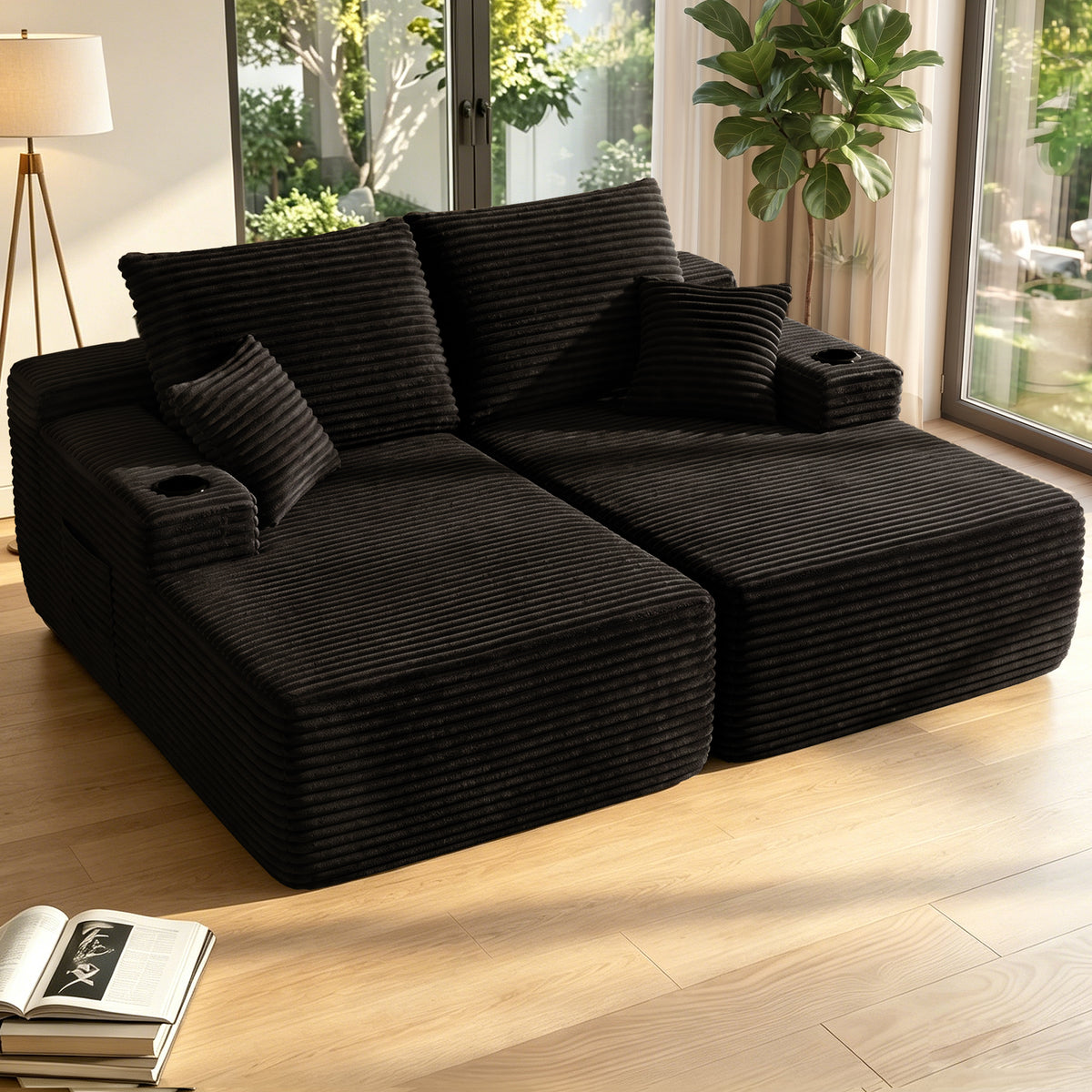 Oversized Double Lounge Chaise 69"W, Plush Upholstered Sleeper Sofa Bed with Cup Holders and Side Pockets, No Assembly Required