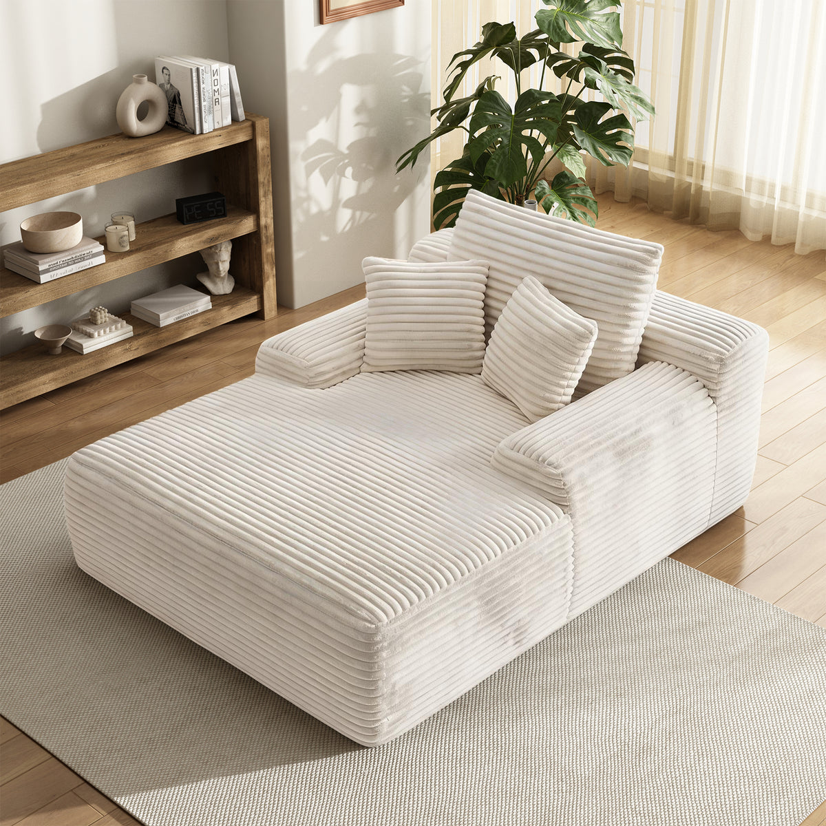 Oversized Corduroy Chaise Lounge Chair, Indoor Boneless Reading Sofa Bed with 3 Pillows, Wide Recliner Couch for Living Room