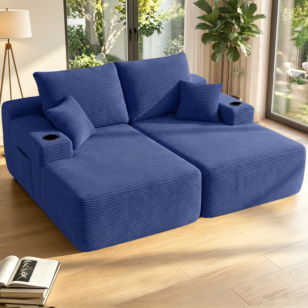 Oversized Double Lounge Chaise 69"W, Plush Upholstered Sleeper Sofa Bed with Cup Holders and Side Pockets, No Assembly Required