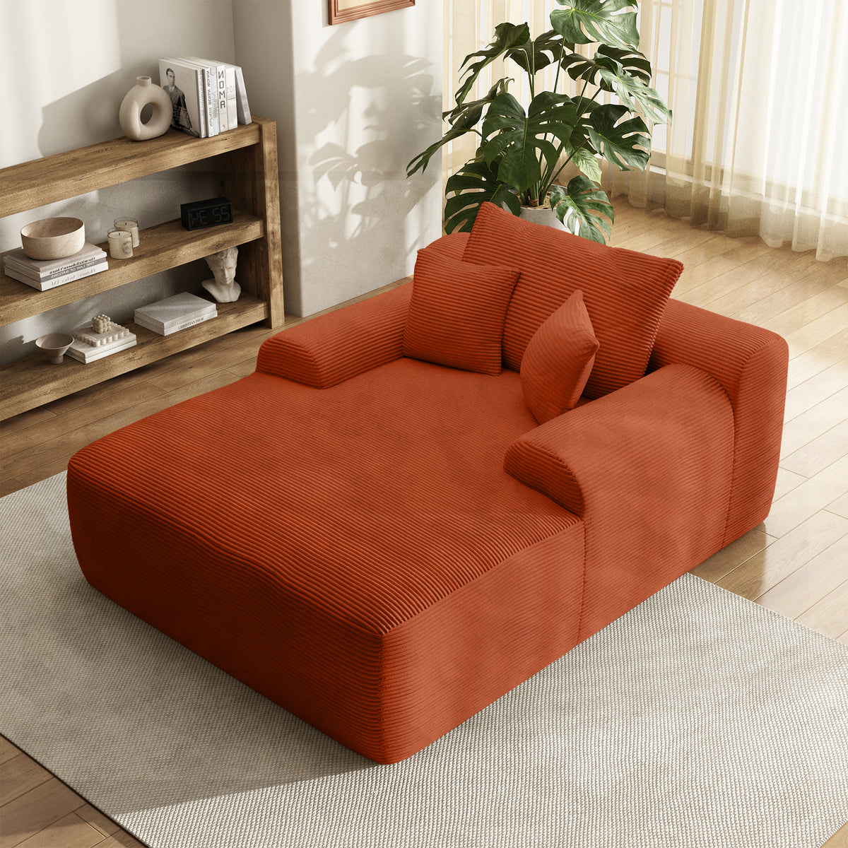 Oversized Corduroy Chaise Lounge Chair, Indoor Boneless Reading Sofa Bed with 3 Pillows, Wide Recliner Couch for Living Room