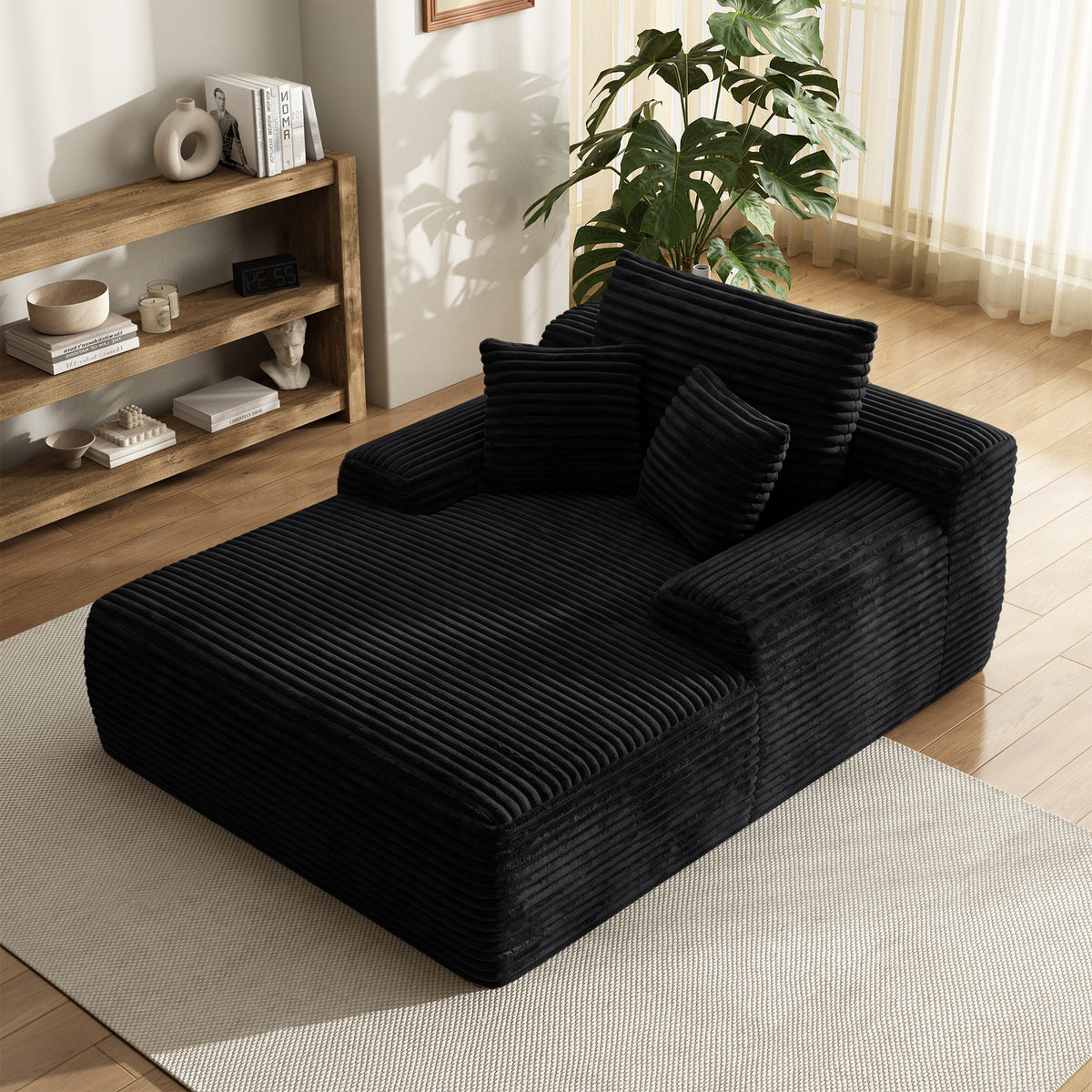 Oversized Corduroy Chaise Lounge Chair, Indoor Boneless Reading Sofa Bed with 3 Pillows, Wide Recliner Couch for Living Room