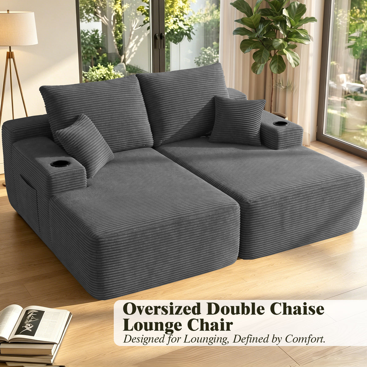 Oversized Double Lounge Chaise 69"W, Plush Upholstered Sleeper Sofa Bed with Cup Holders and Side Pockets, No Assembly Required
