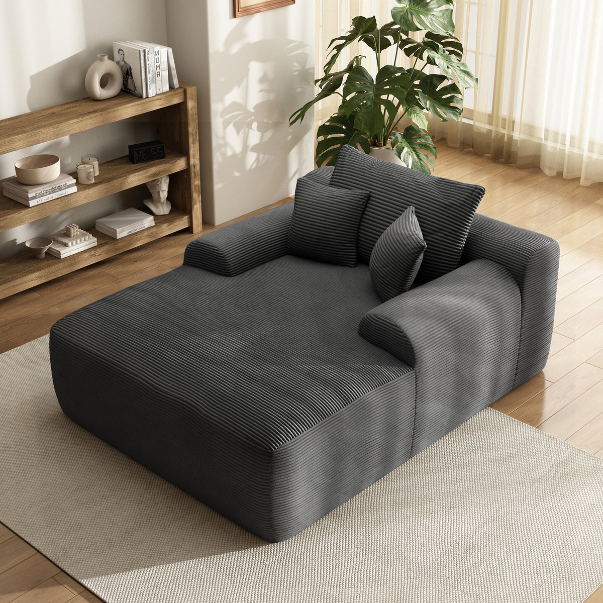 Oversized Corduroy Chaise Lounge Chair, Indoor Boneless Reading Sofa Bed with 3 Pillows, Wide Recliner Couch for Living Room