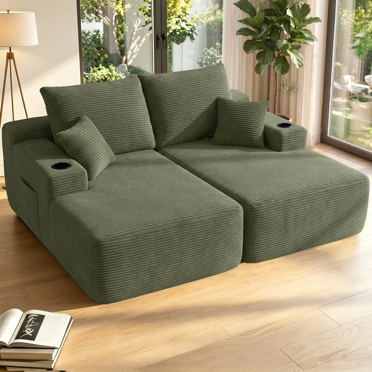 Oversized Double Lounge Chaise 69"W, Plush Upholstered Sleeper Sofa Bed with Cup Holders and Side Pockets, No Assembly Required