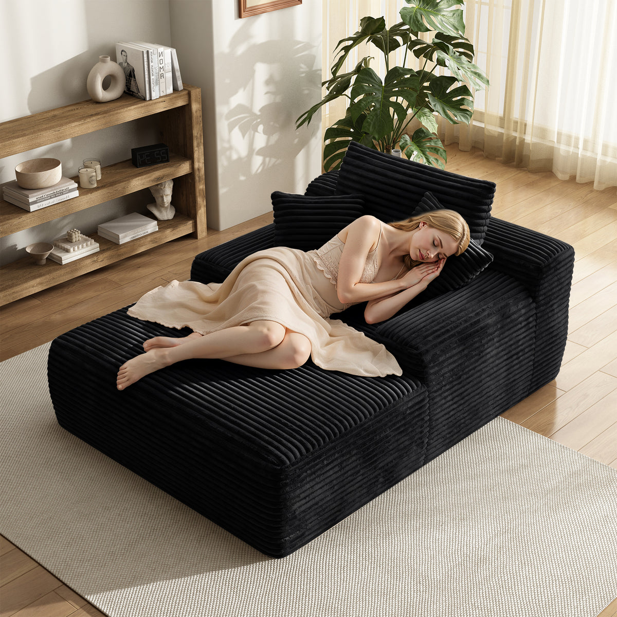 Oversized Corduroy Chaise Lounge Chair, Indoor Boneless Reading Sofa Bed with 3 Pillows, Wide Recliner Couch for Living Room