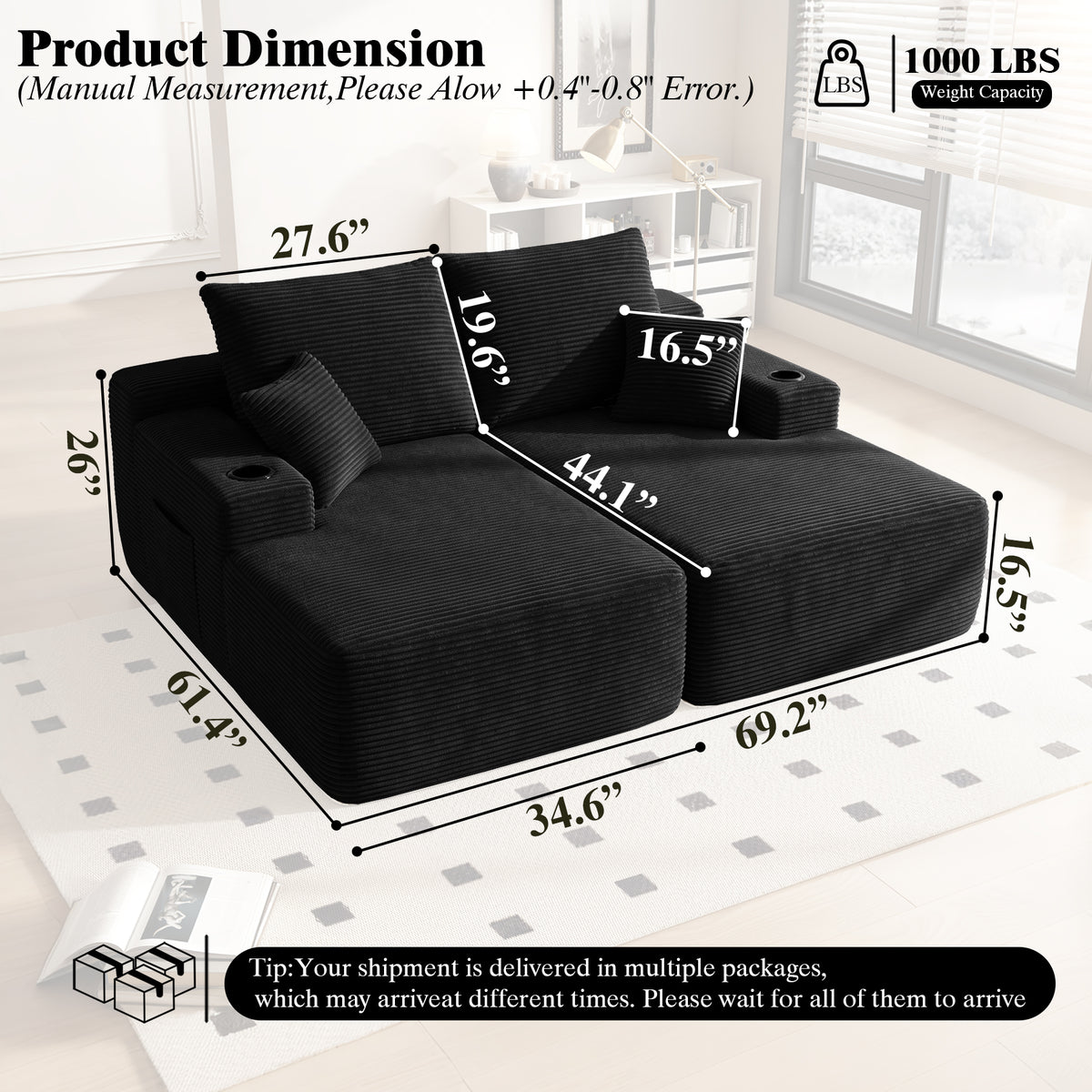 Oversized Double Lounge Chaise 69"W, Plush Upholstered Sleeper Sofa Bed with Cup Holders and Side Pockets, No Assembly Required