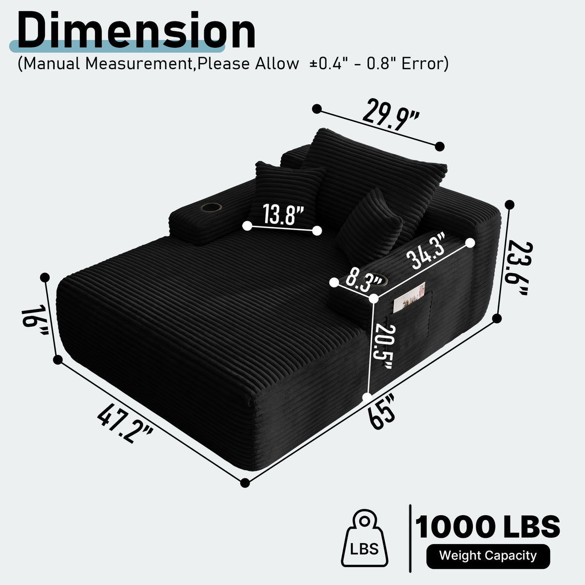 Yomsum Oversized Plush Chaise Lounge Sofa, Indoor Compressed Floor Lounger with 3 Pillows and Built-In Cup Holders, Comfortable Reading Couch for Living Room