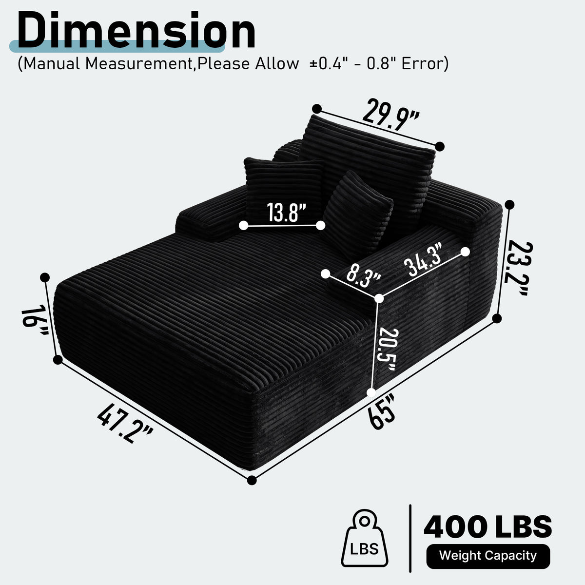 Oversized Corduroy Chaise Lounge Chair, Indoor Boneless Reading Sofa Bed with 3 Pillows, Wide Recliner Couch for Living Room