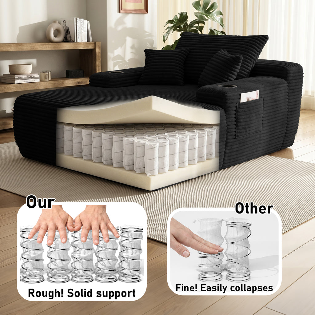 Yomsum Oversized Plush Chaise Lounge Sofa, Indoor Compressed Floor Lounger with 3 Pillows and Built-In Cup Holders, Comfortable Reading Couch for Living Room