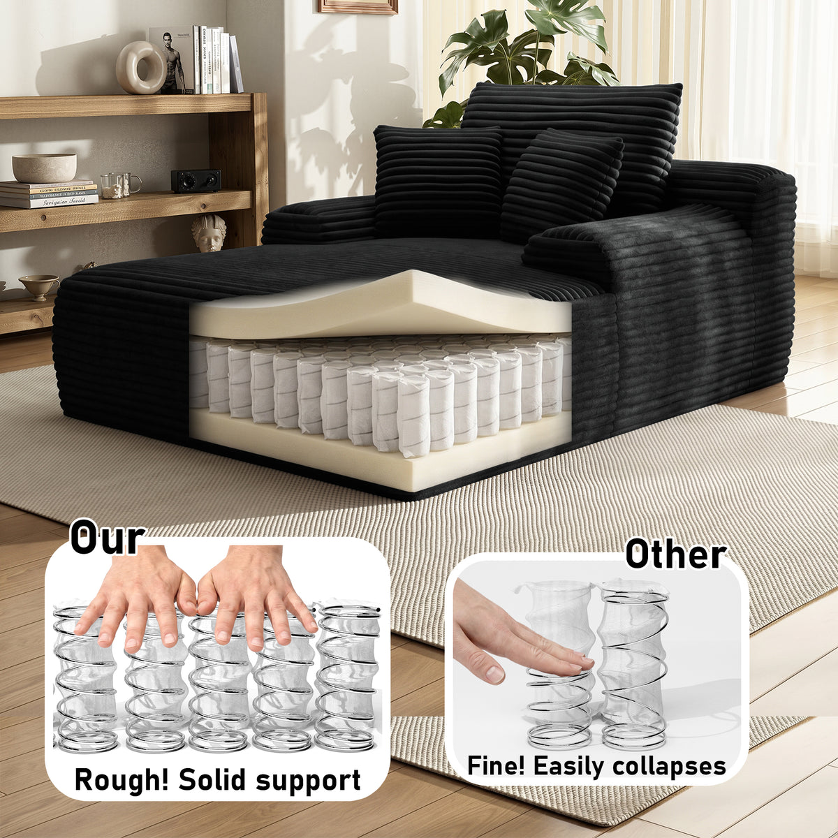 Oversized Corduroy Chaise Lounge Chair, Indoor Boneless Reading Sofa Bed with 3 Pillows, Wide Recliner Couch for Living Room