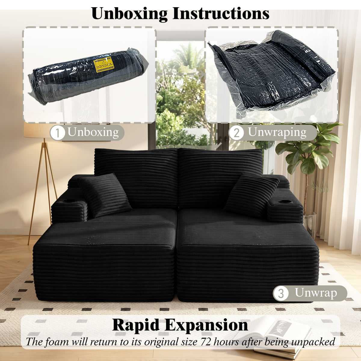 Oversized Double Lounge Chaise 69"W, Plush Upholstered Sleeper Sofa Bed with Cup Holders and Side Pockets, No Assembly Required