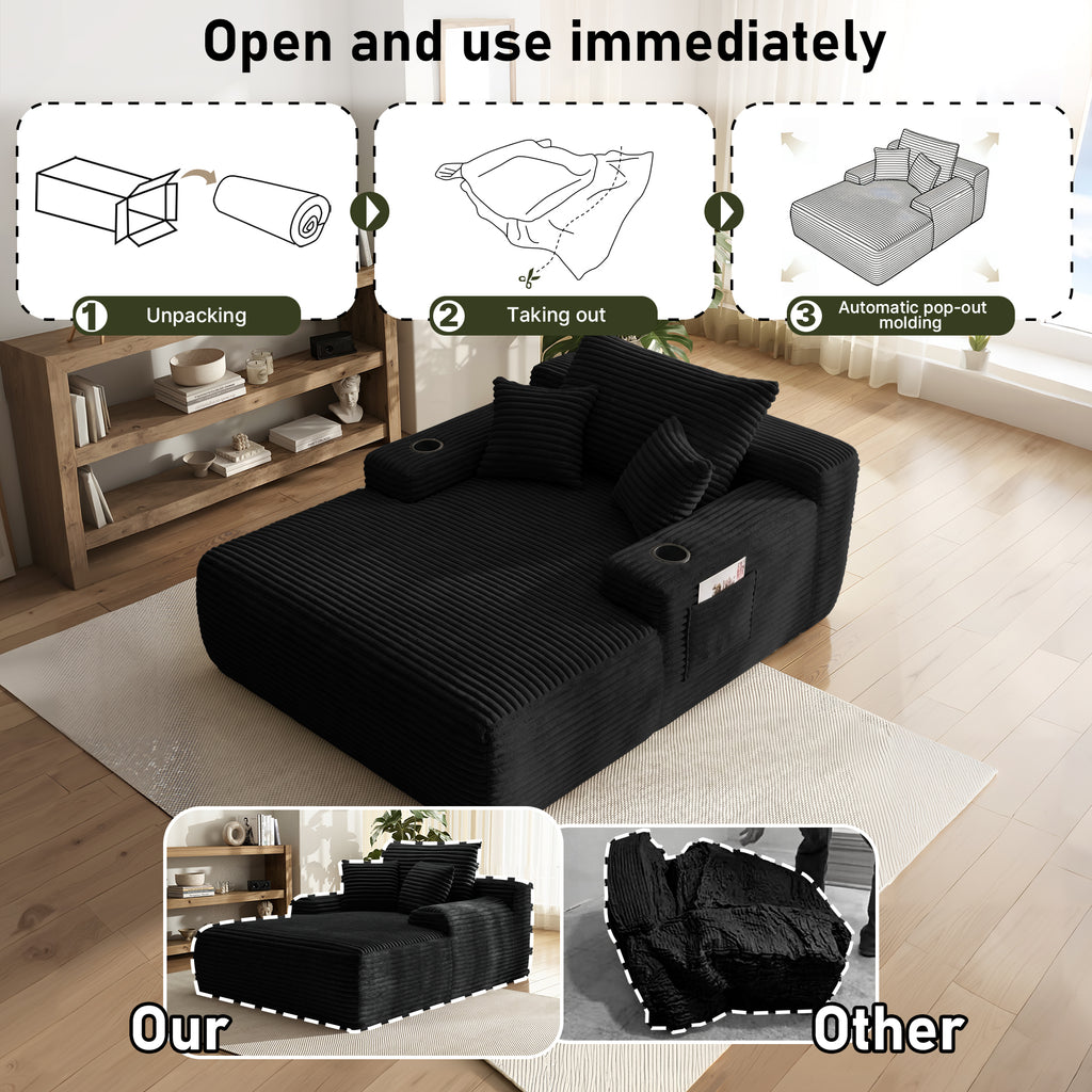 Yomsum Oversized Plush Chaise Lounge Sofa, Indoor Compressed Floor Lounger with 3 Pillows and Built-In Cup Holders, Comfortable Reading Couch for Living Room