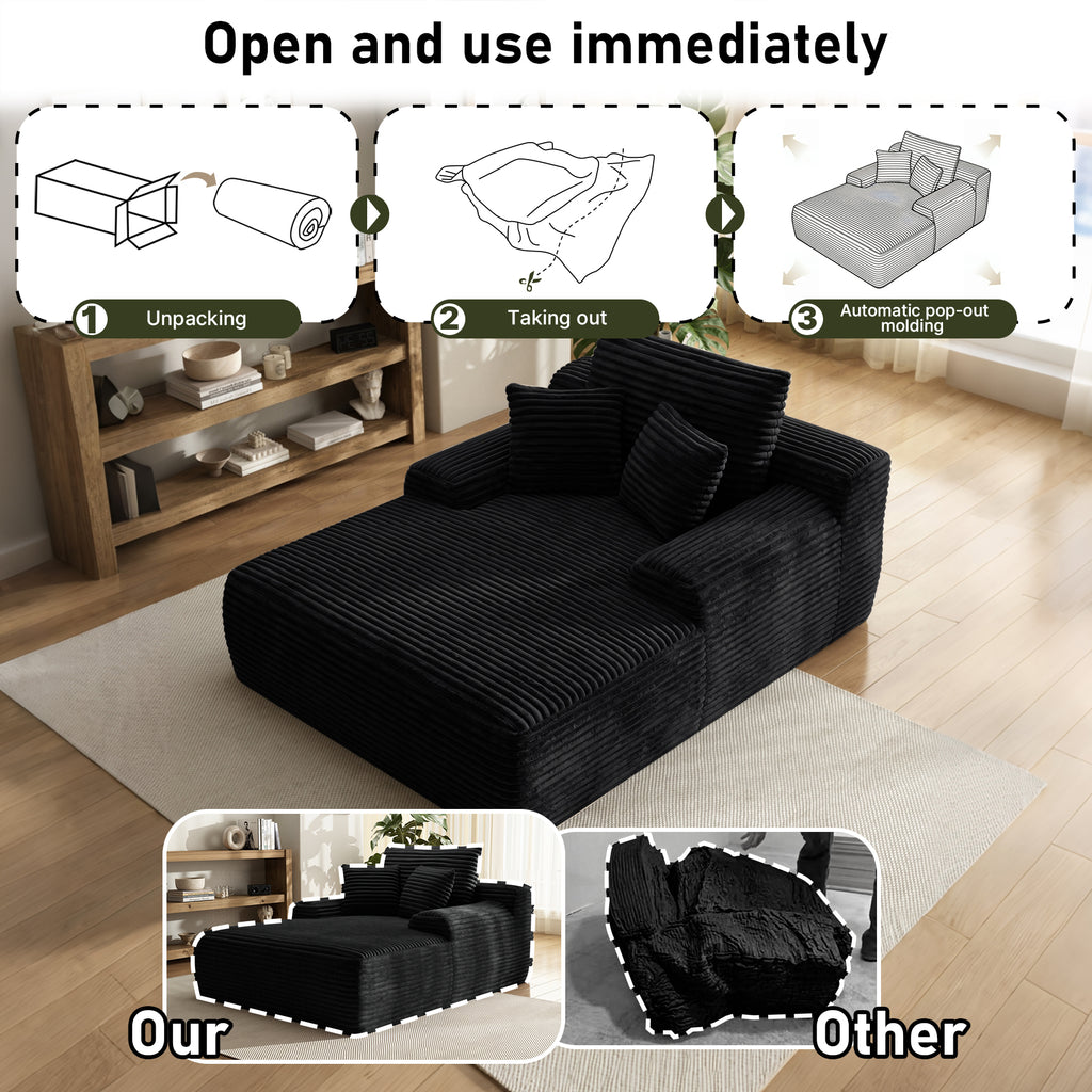 Oversized Corduroy Chaise Lounge Chair, Indoor Boneless Reading Sofa Bed with 3 Pillows, Wide Recliner Couch for Living Room