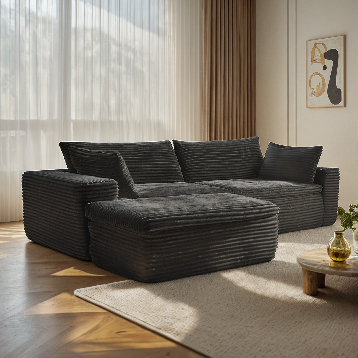 110" Modular Couch, Plush Faux Fur, Black