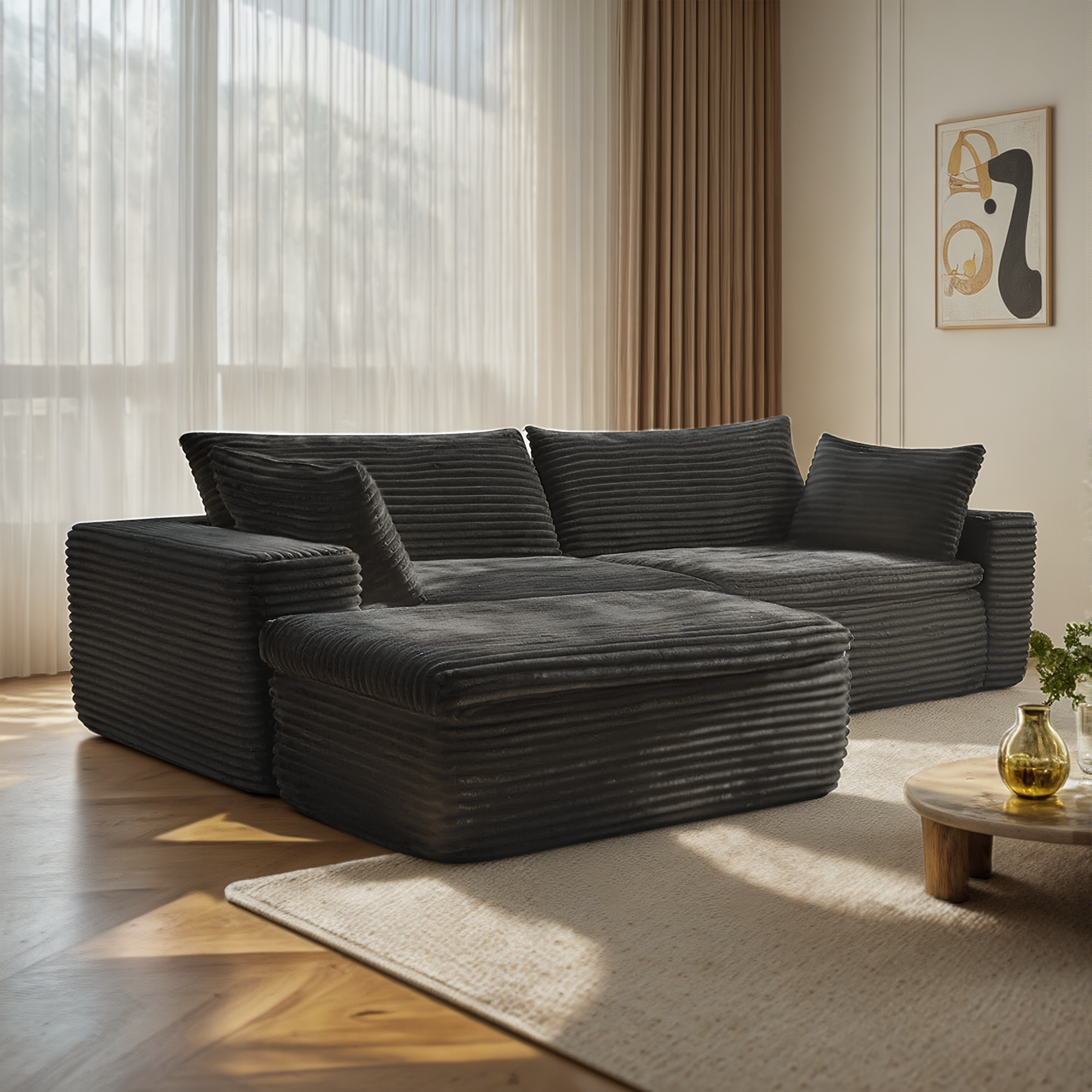 110" Modular Couch, Plush Faux Fur, Black