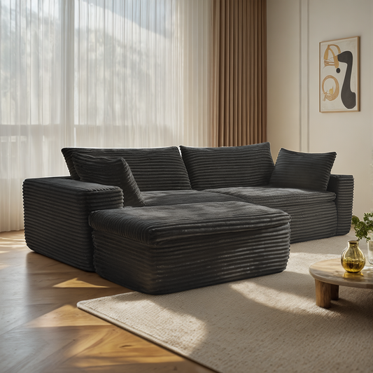 110" Modular Couch, Plush Faux Fur, Black