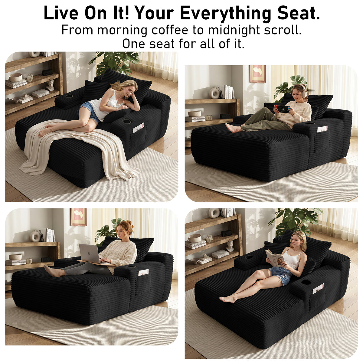 Yomsum Oversized Plush Chaise Lounge Sofa, Indoor Compressed Floor Lounger with 3 Pillows and Built-In Cup Holders, Comfortable Reading Couch for Living Room