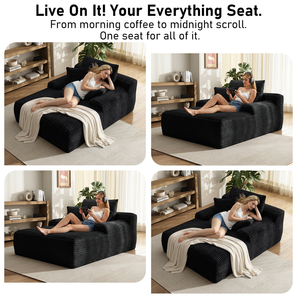 Oversized Corduroy Chaise Lounge Chair, Indoor Boneless Reading Sofa Bed with 3 Pillows, Wide Recliner Couch for Living Room