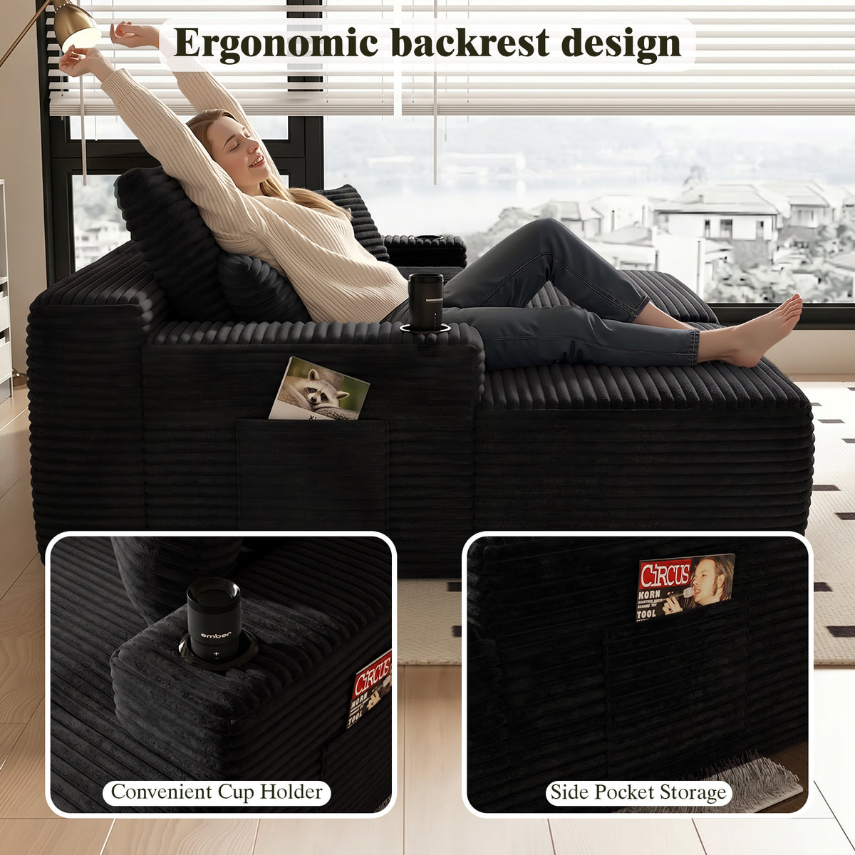 Oversized Double Lounge Chaise 69"W, Plush Upholstered Sleeper Sofa Bed with Cup Holders and Side Pockets, No Assembly Required