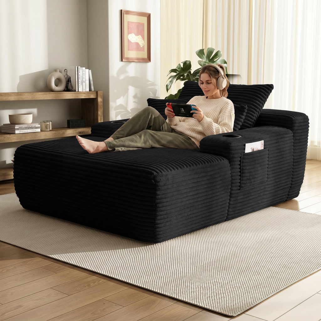 Yomsum Oversized Plush Chaise Lounge Sofa, Indoor Compressed Floor Lounger with 3 Pillows and Built-In Cup Holders, Comfortable Reading Couch for Living Room