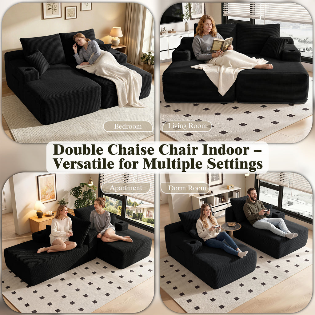 Oversized Double Lounge Chaise 69"W, Plush Upholstered Sleeper Sofa Bed with Cup Holders and Side Pockets, No Assembly Required