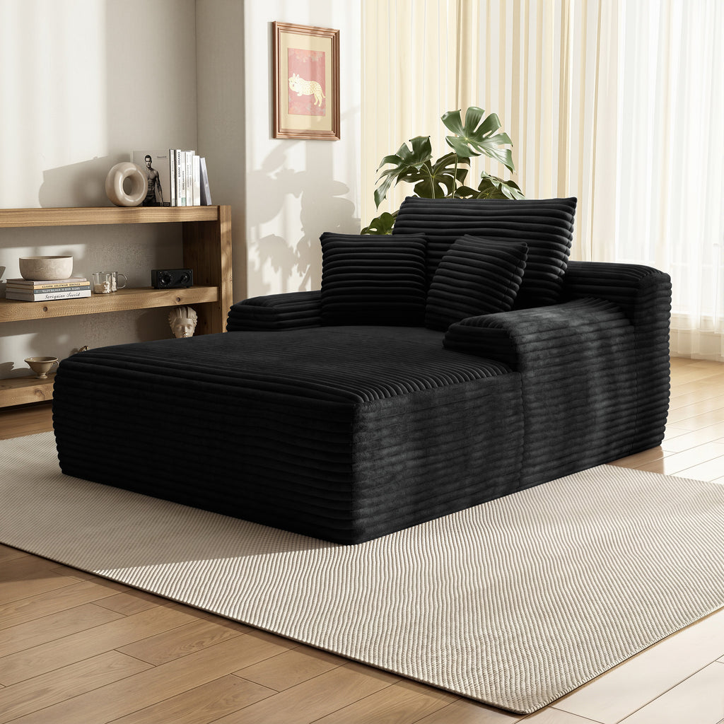 Oversized Corduroy Chaise Lounge Chair, Indoor Boneless Reading Sofa Bed with 3 Pillows, Wide Recliner Couch for Living Room